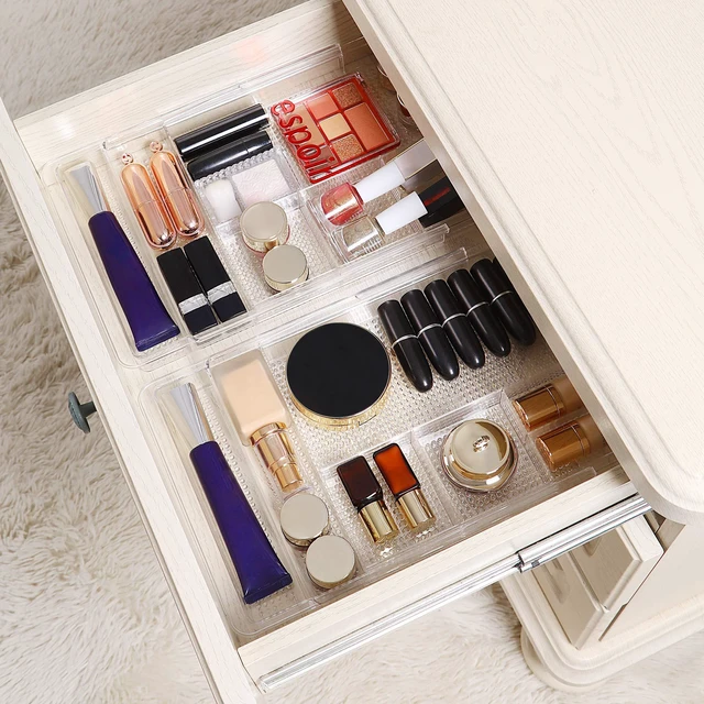 Alt view image 7 of 7 - Expandable Shallow Vanity Plastic Makeup Drawer Organizers, 2 Pack Low Profile 1.3 Inch Height Clear Storage Tray - Scalable Width Customization Fits Cosmetic Lipsticks Brushes, Dressing Table
