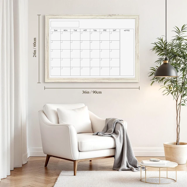 Alt view image 3 of 7 - Whiteboard Calendar 36" x 24" Magnetic White Board, Vintage White Wood Framed Decorative Dry Erase Board, Wall-Mounted, Monthly Planner, For School, Office, Home, 8 Magnets 4 Markers 1 Eraser