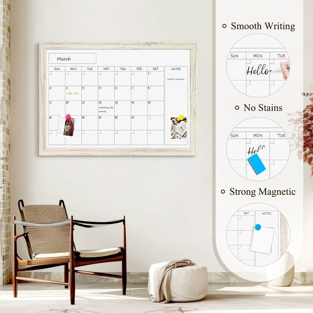 Alt view image 4 of 7 - Whiteboard Calendar 36" x 24" Magnetic White Board, Vintage White Wood Framed Decorative Dry Erase Board, Wall-Mounted, Monthly Planner, For School, Office, Home, 8 Magnets 4 Markers 1 Eraser