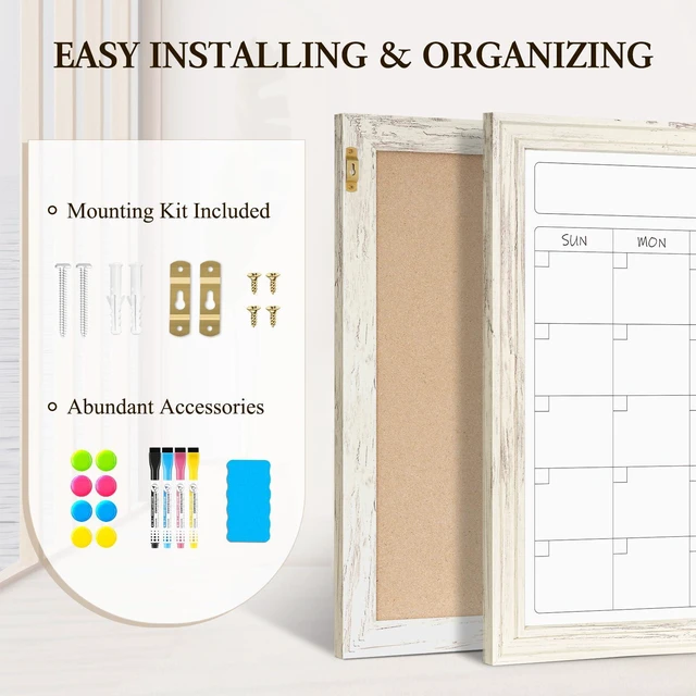 Alt view image 5 of 7 - Whiteboard Calendar 36" x 24" Magnetic White Board, Vintage White Wood Framed Decorative Dry Erase Board, Wall-Mounted, Monthly Planner, For School, Office, Home, 8 Magnets 4 Markers 1 Eraser