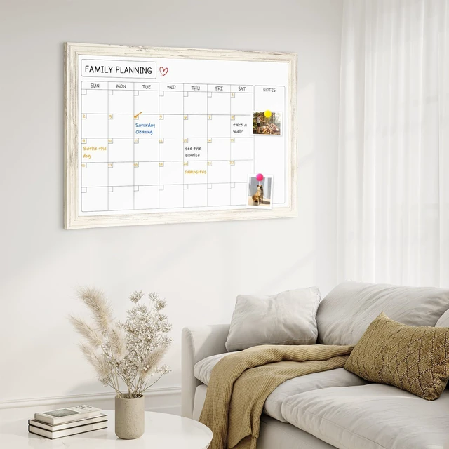 Alt view image 6 of 7 - Whiteboard Calendar 36" x 24" Magnetic White Board, Vintage White Wood Framed Decorative Dry Erase Board, Wall-Mounted, Monthly Planner, For School, Office, Home, 8 Magnets 4 Markers 1 Eraser