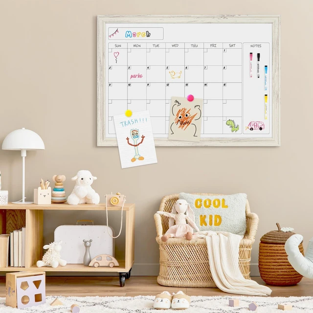 Alt view image 7 of 7 - Whiteboard Calendar 36" x 24" Magnetic White Board, Vintage White Wood Framed Decorative Dry Erase Board, Wall-Mounted, Monthly Planner, For School, Office, Home, 8 Magnets 4 Markers 1 Eraser