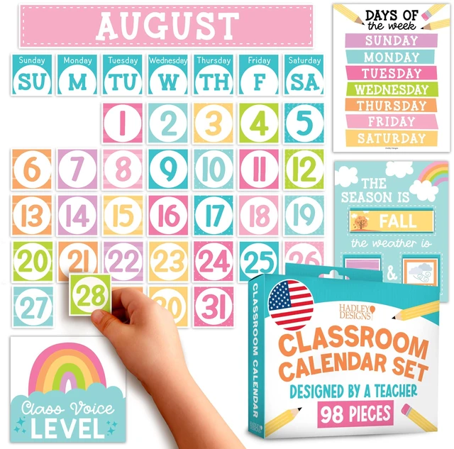 Main image of Classroom Calendar Set -School Calendar Bulletin Board Decor Kids Class Calendar for Pastel Classroom Decor, Kindergarten Preschool Teacher Must Haves, Homeschool & Daycare Essentials
