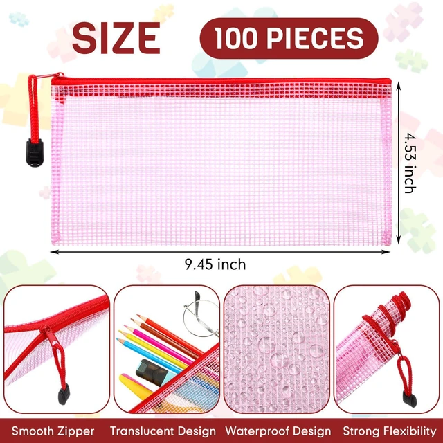 Alt view image 2 of 7 - 100Pcs Mesh Pencil Pouch,Red,A6 Small Zipper Pencil Pouches Bulk, Waterproof Clear Storage Bag, Multipurpose for Cash Board Game Passport Office