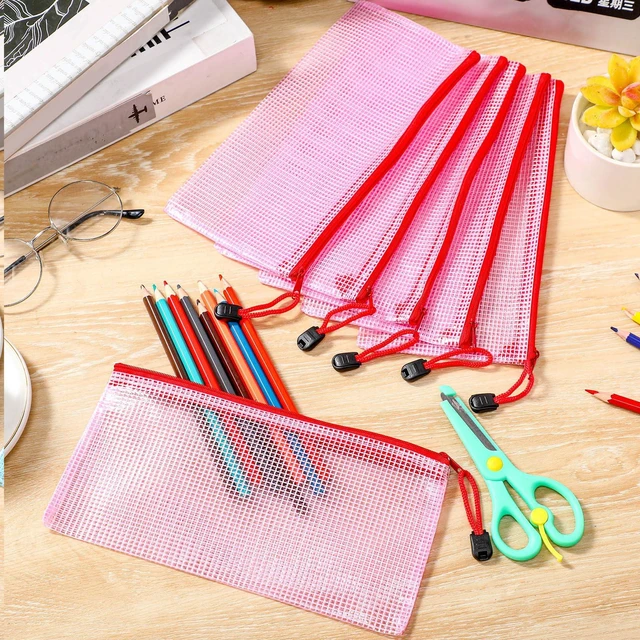 Alt view image 7 of 7 - 100Pcs Mesh Pencil Pouch,Red,A6 Small Zipper Pencil Pouches Bulk, Waterproof Clear Storage Bag, Multipurpose for Cash Board Game Passport Office