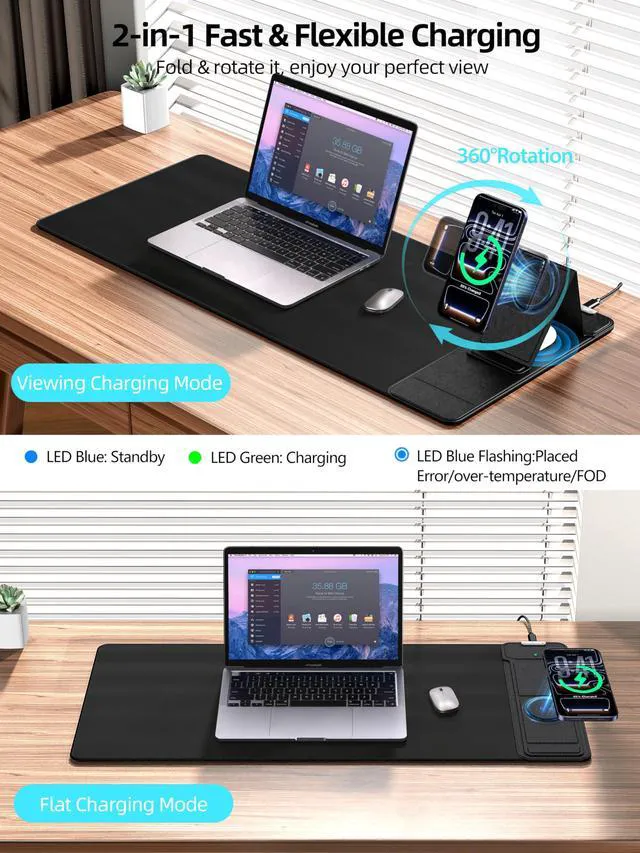 Alt view image 2 of 7 - Mouse Pad with Magnetic Wireless Charging & Adjustable Phone Stand 27.5"x11.8" Computer Keyboard Pad Mat with Anti-Slip Base & Stitched Edge, Easy Gliding, Spill-Resistant Surface, Black