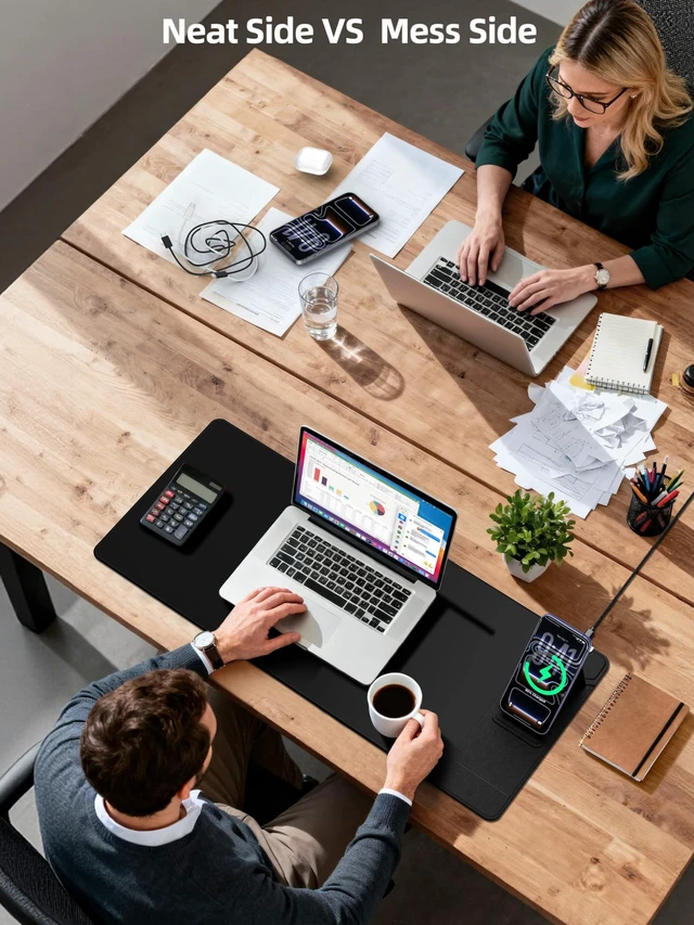Alt view image 3 of 7 - Mouse Pad with Magnetic Wireless Charging & Adjustable Phone Stand 27.5"x11.8" Computer Keyboard Pad Mat with Anti-Slip Base & Stitched Edge, Easy Gliding, Spill-Resistant Surface, Black