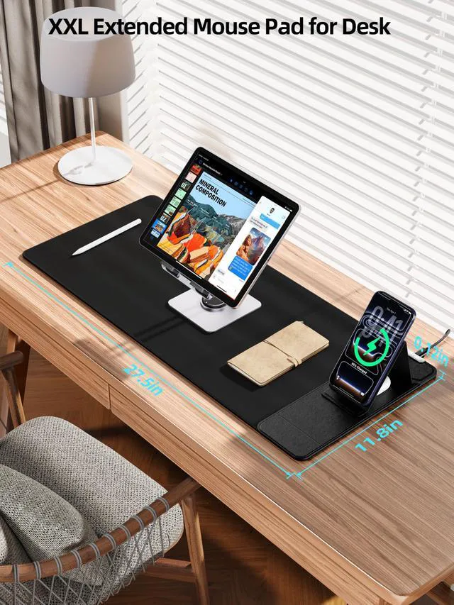 Alt view image 4 of 7 - Mouse Pad with Magnetic Wireless Charging & Adjustable Phone Stand 27.5"x11.8" Computer Keyboard Pad Mat with Anti-Slip Base & Stitched Edge, Easy Gliding, Spill-Resistant Surface, Black