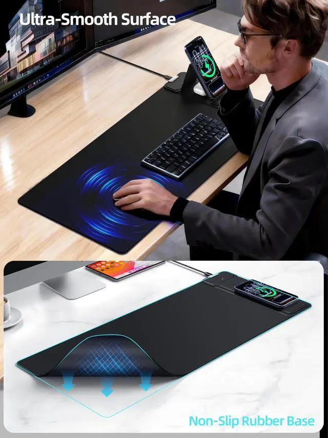 Alt view image 5 of 7 - Mouse Pad with Magnetic Wireless Charging & Adjustable Phone Stand 27.5"x11.8" Computer Keyboard Pad Mat with Anti-Slip Base & Stitched Edge, Easy Gliding, Spill-Resistant Surface, Black