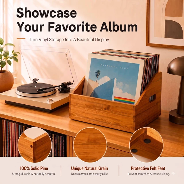 Alt view image 5 of 7 - 2 Pack Wood Vinyl Record Storage, Retro & Durable Vinyl Crate and Record Holder