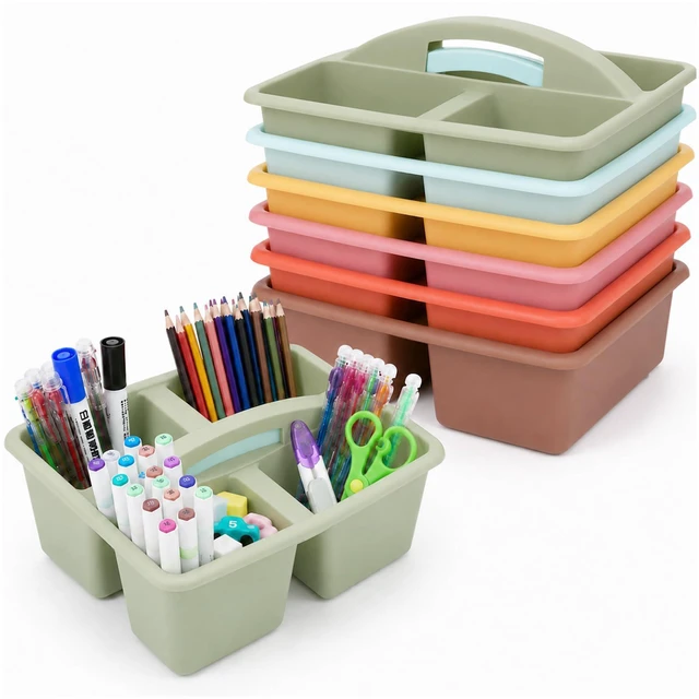 Main image of 6 Pack 4 Compartment Classroom Caddy with Handle, Groovy Assorted Colors, Portable Carry Handle, Versatile Table Caddies for Classroom Organization and Office Supply Storage