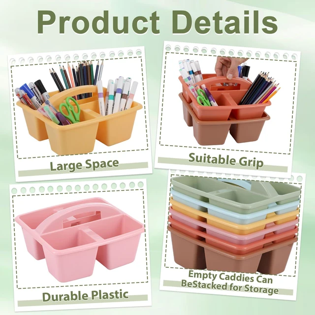 Alt view image 3 of 7 - 6 Pack 4 Compartment Classroom Caddy with Handle, Groovy Assorted Colors, Portable Carry Handle, Versatile Table Caddies for Classroom Organization and Office Supply Storage
