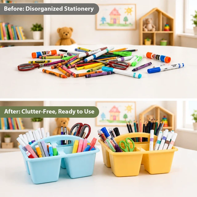 Alt view image 4 of 7 - 6 Pack 4 Compartment Classroom Caddy with Handle, Groovy Assorted Colors, Portable Carry Handle, Versatile Table Caddies for Classroom Organization and Office Supply Storage