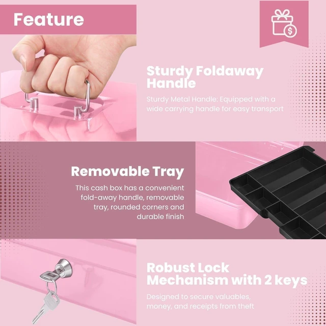 Alt view image 2 of 7 - Small Cash Box with Money Tray and Lock, 11.4-Inch, Pink Portable Metal Money Box for Petty Cash with Removable 9-Compartment Tray, 4 Bill Slots, Folding Handle, and 2 Keys