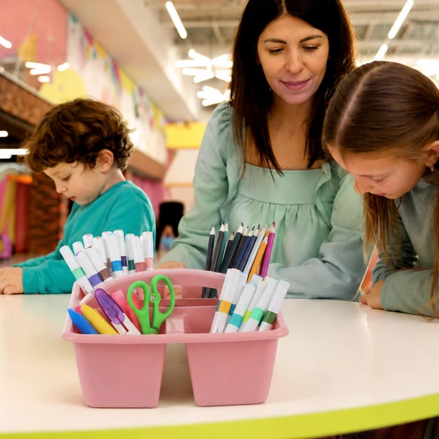 Alt view image 6 of 7 - 6 Pack 4 Compartment Classroom Caddy with Handle, Groovy Assorted Colors, Portable Carry Handle, Versatile Table Caddies for Classroom Organization and Office Supply Storage