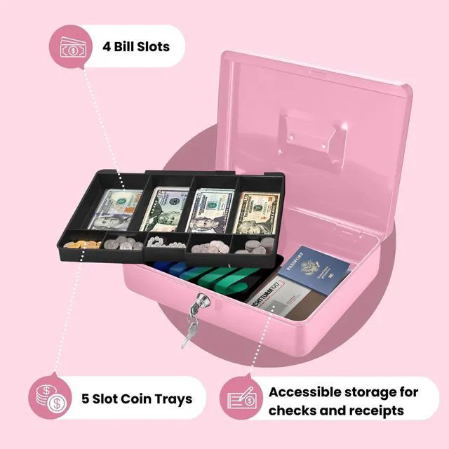 Alt view image 3 of 7 - Small Cash Box with Money Tray and Lock, 11.4-Inch, Pink Portable Metal Money Box for Petty Cash with Removable 9-Compartment Tray, 4 Bill Slots, Folding Handle, and 2 Keys