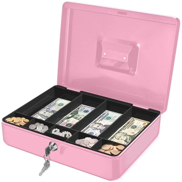 Main image of Small Cash Box with Money Tray and Lock, 11.4-Inch, Pink Portable Metal Money Box for Petty Cash with Removable 9-Compartment Tray, 4 Bill Slots, Folding Handle, and 2 Keys