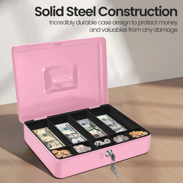 Alt view image 4 of 7 - Small Cash Box with Money Tray and Lock, 11.4-Inch, Pink Portable Metal Money Box for Petty Cash with Removable 9-Compartment Tray, 4 Bill Slots, Folding Handle, and 2 Keys