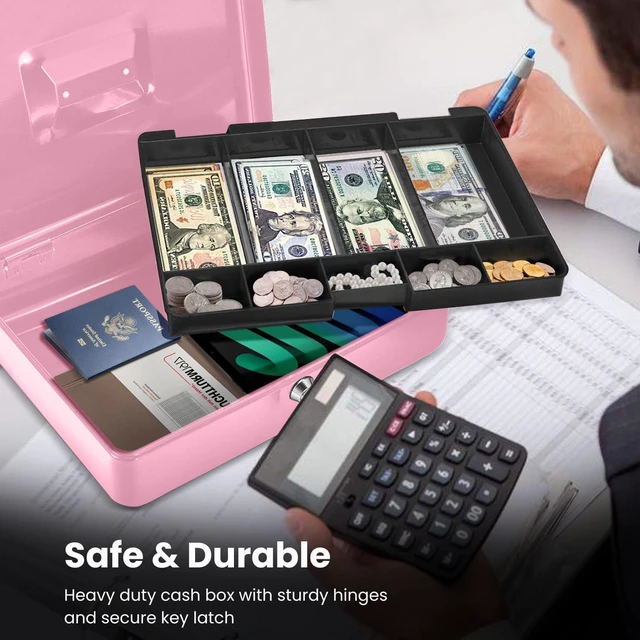 Alt view image 5 of 7 - Small Cash Box with Money Tray and Lock, 11.4-Inch, Pink Portable Metal Money Box for Petty Cash with Removable 9-Compartment Tray, 4 Bill Slots, Folding Handle, and 2 Keys