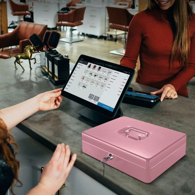 Alt view image 7 of 7 - Small Cash Box with Money Tray and Lock, 11.4-Inch, Pink Portable Metal Money Box for Petty Cash with Removable 9-Compartment Tray, 4 Bill Slots, Folding Handle, and 2 Keys
