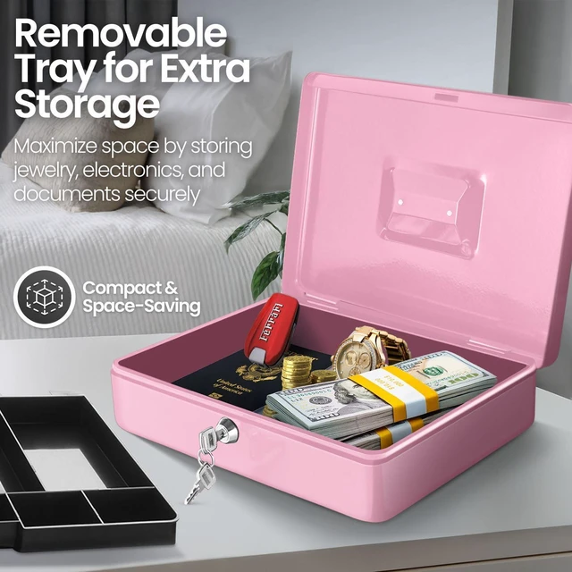Alt view image 6 of 7 - Small Cash Box with Money Tray and Lock, 11.4-Inch, Pink Portable Metal Money Box for Petty Cash with Removable 9-Compartment Tray, 4 Bill Slots, Folding Handle, and 2 Keys