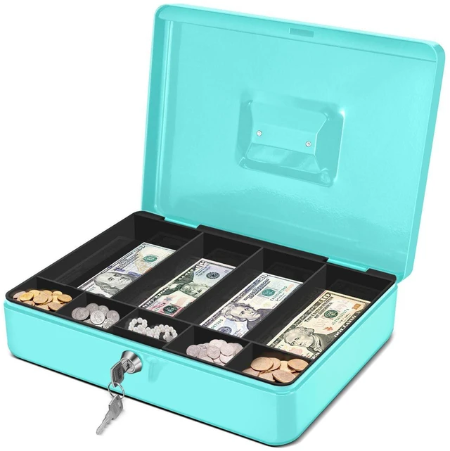 Main image of Small Cash Box with Money Tray and Lock, 11.4-Inch, Blue Portable Metal Money Box for Petty Cash with Removable 9-Compartment Tray, 4 Bill Slots, Folding Handle, and 2 Keys