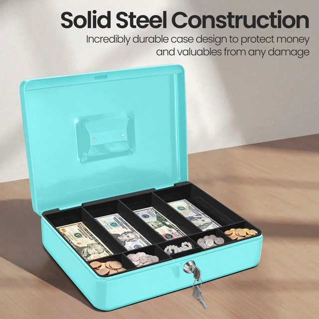Alt view image 4 of 7 - Small Cash Box with Money Tray and Lock, 11.4-Inch, Blue Portable Metal Money Box for Petty Cash with Removable 9-Compartment Tray, 4 Bill Slots, Folding Handle, and 2 Keys