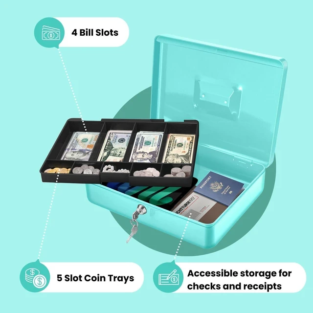 Alt view image 3 of 7 - Small Cash Box with Money Tray and Lock, 11.4-Inch, Blue Portable Metal Money Box for Petty Cash with Removable 9-Compartment Tray, 4 Bill Slots, Folding Handle, and 2 Keys
