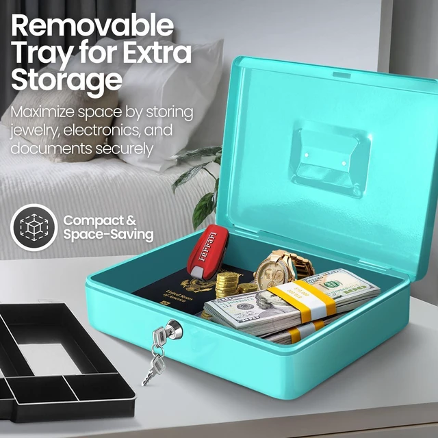 Alt view image 6 of 7 - Small Cash Box with Money Tray and Lock, 11.4-Inch, Blue Portable Metal Money Box for Petty Cash with Removable 9-Compartment Tray, 4 Bill Slots, Folding Handle, and 2 Keys
