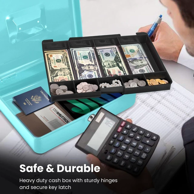 Alt view image 5 of 7 - Small Cash Box with Money Tray and Lock, 11.4-Inch, Blue Portable Metal Money Box for Petty Cash with Removable 9-Compartment Tray, 4 Bill Slots, Folding Handle, and 2 Keys