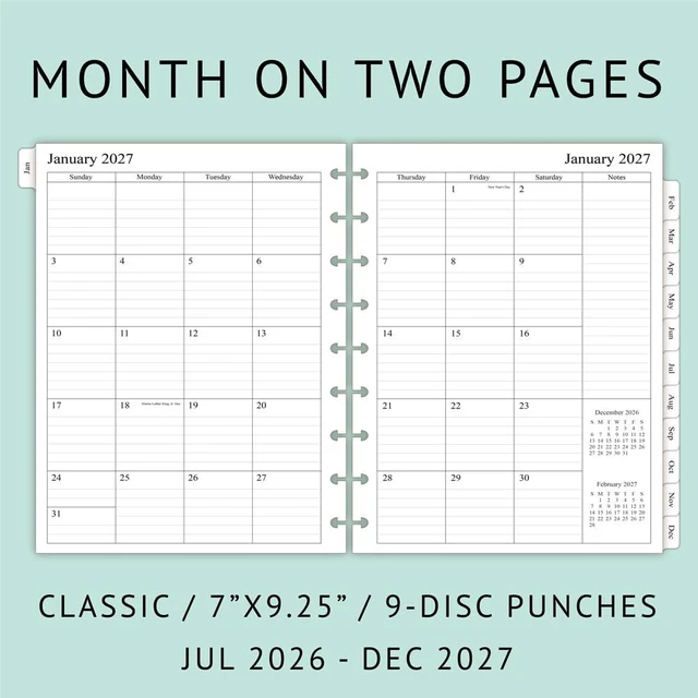 Alt view image 2 of 5 - 2026-2027 Planner Refills for Happy Planner Classic Size, Monthly Pages, Jul 2026 - Dec 2027, 9-Disc Punched, 7" x 9-1/4"