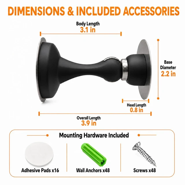 Alt view image 6 of 7 - 8 Pack Magnetic Door Stop No Drilling Door Stop with 3D Adhesive Tapes Keep Door Open Door Stainless Steel Screws for Stronger Mount (Black)