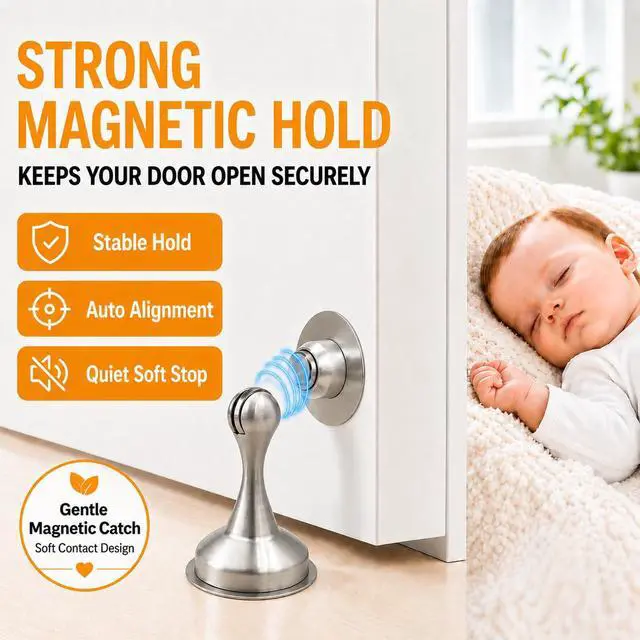 Alt view image 2 of 7 - 8 Pack Magnetic Door Stop No Drilling Door Stop with 3D Adhesive Tapes Keep Door Open Door Stainless Steel Screws for Stronger Mount (Silver)