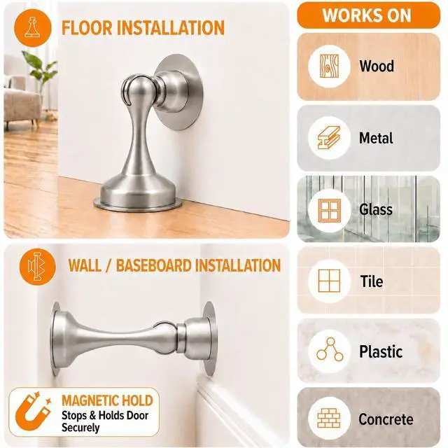 Alt view image 3 of 7 - 8 Pack Magnetic Door Stop No Drilling Door Stop with 3D Adhesive Tapes Keep Door Open Door Stainless Steel Screws for Stronger Mount (Silver)
