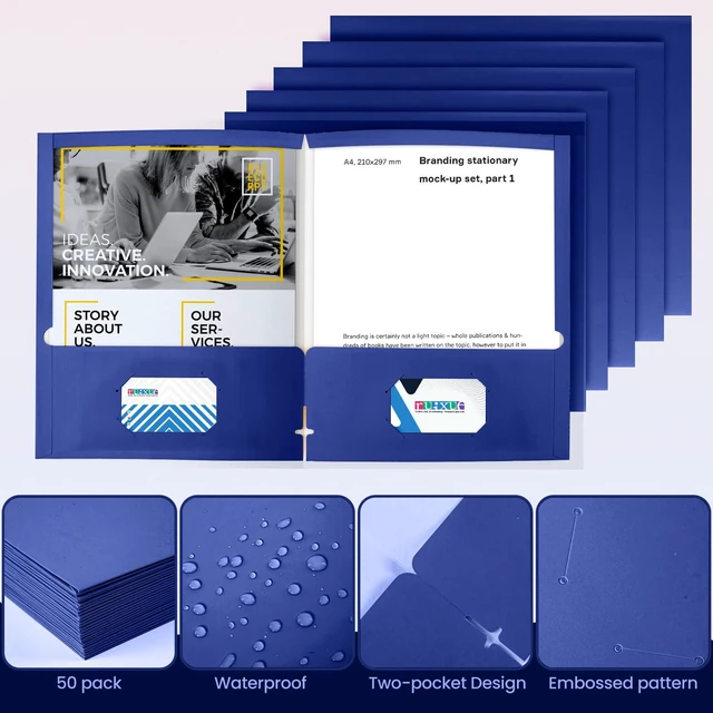Alt view image 4 of 6 - ® 50 Packs Blue Two Pocket Folders Surface with Waterproofing,Letter Size,Holds 100 Plus Sheets,for School,Office,Business. (50, Blue)