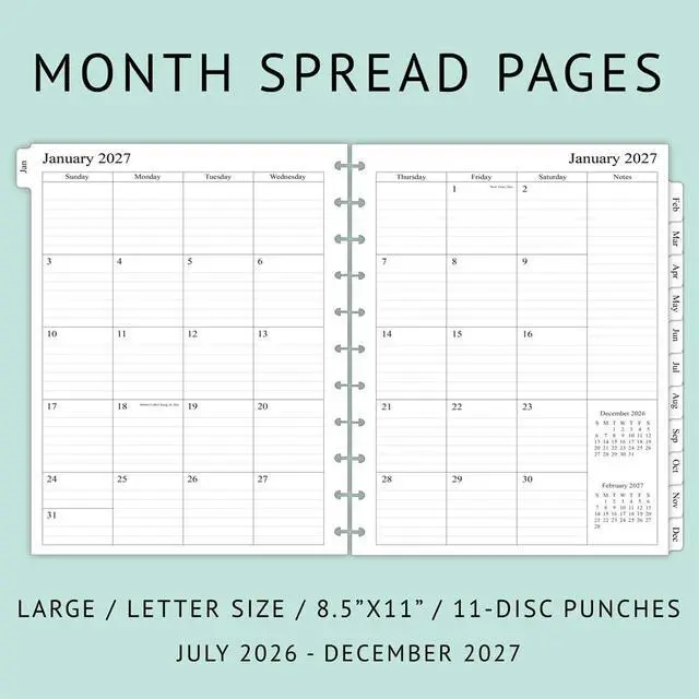 Alt view image 2 of 5 - 2026-2027 Monthly Planner Refill for 11-Discbound Notebooks, Jul 2026 to Dec 2027, Two Pages Per Month, Letter Size, 8-1/2" x 11"