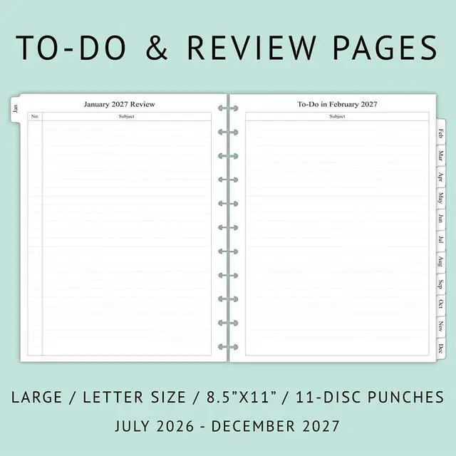 Alt view image 3 of 5 - 2026-2027 Monthly Planner Refill for 11-Discbound Notebooks, Jul 2026 to Dec 2027, Two Pages Per Month, Letter Size, 8-1/2" x 11"