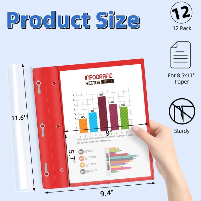 Alt view image 2 of 7 - Report Covers with 3-Prong Fasteners, 12 Pack, Letter Size Clear Plastic Presentation Folders, Red, Fits 8.5 x 11 Inch Papers, Ideal for Resumes, Documents, School & Office