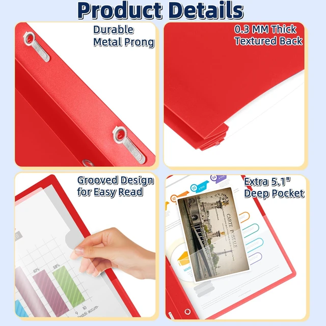 Alt view image 3 of 7 - Report Covers with 3-Prong Fasteners, 12 Pack, Letter Size Clear Plastic Presentation Folders, Red, Fits 8.5 x 11 Inch Papers, Ideal for Resumes, Documents, School & Office