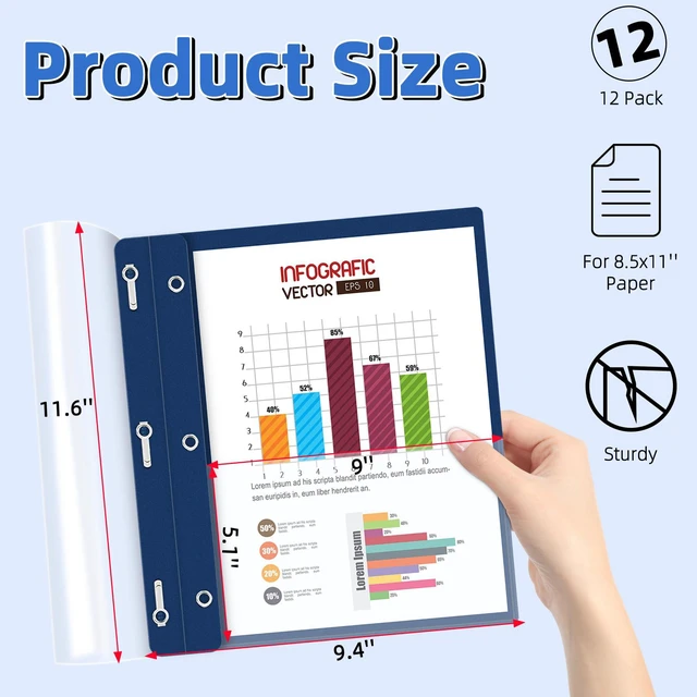 Alt view image 2 of 7 - 12 Pack Plastic Report Covers with 3-Prong Fasteners Clear Front Resume Portfolio Folder for 8.5x11 Letter Size Paper, Presentation Document Report Folders for Office School Use, Navy Blue