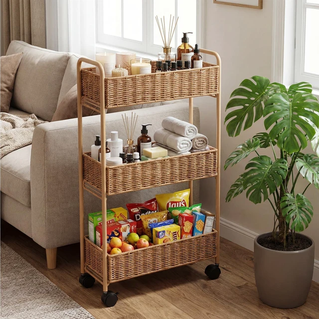 Main image of Utility Slim Storage Cart,3-Tier Rolling Kitchen Office Laundry Room Cart,Mobile Shelving Unit Organizer for Living Room Bathroom Baby Diaper Narrow Places (Natural, 3 Tiers-7.1 inch (W))