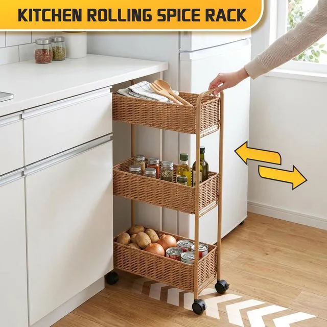 Alt view image 3 of 7 - Utility Slim Storage Cart,3-Tier Rolling Kitchen Office Laundry Room Cart,Mobile Shelving Unit Organizer for Living Room Bathroom Baby Diaper Narrow Places (Natural, 3 Tiers-7.1 inch (W))