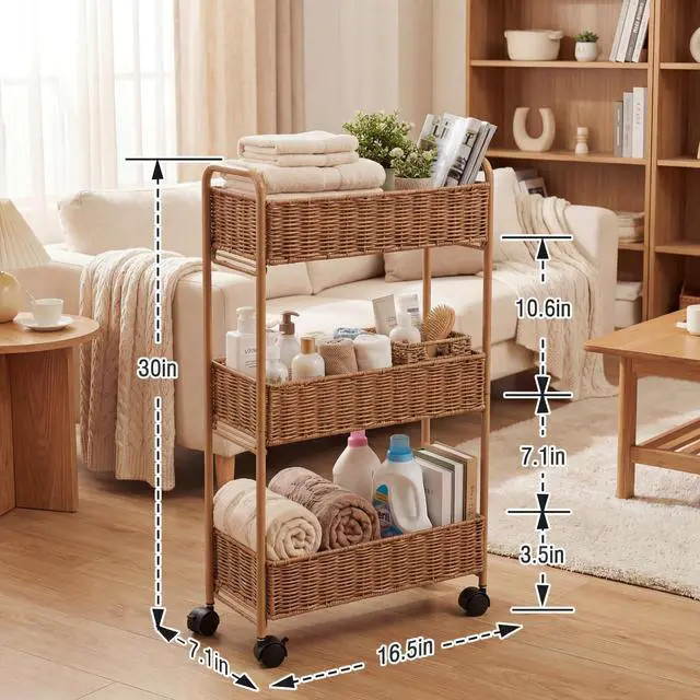Alt view image 4 of 7 - Utility Slim Storage Cart,3-Tier Rolling Kitchen Office Laundry Room Cart,Mobile Shelving Unit Organizer for Living Room Bathroom Baby Diaper Narrow Places (Natural, 3 Tiers-7.1 inch (W))