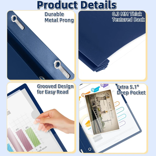Alt view image 3 of 7 - 12 Pack Plastic Report Covers with 3-Prong Fasteners Clear Front Resume Portfolio Folder for 8.5x11 Letter Size Paper, Presentation Document Report Folders for Office School Use, Navy Blue