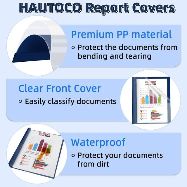Alt view image 5 of 7 - 12 Pack Plastic Report Covers with 3-Prong Fasteners Clear Front Resume Portfolio Folder for 8.5x11 Letter Size Paper, Presentation Document Report Folders for Office School Use, Navy Blue