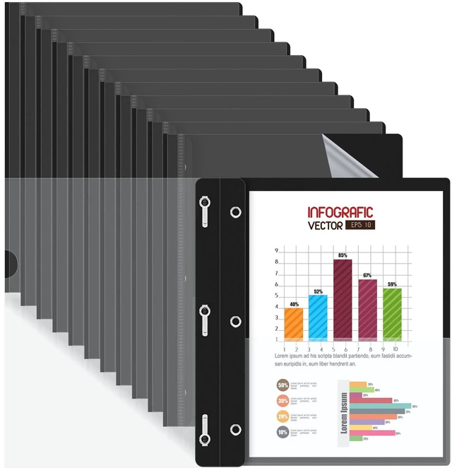 Main image of 12 Pack Plastic Report Covers with 3-Prong Fasteners Clear Front Resume Portfolio Folder for 8.5x11 Letter Size Paper, Presentation Document Report Folders for Office School Use, Black