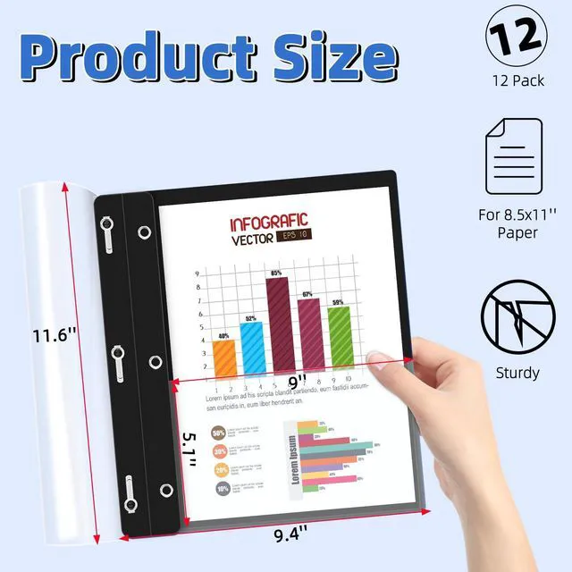 Alt view image 2 of 7 - 12 Pack Plastic Report Covers with 3-Prong Fasteners Clear Front Resume Portfolio Folder for 8.5x11 Letter Size Paper, Presentation Document Report Folders for Office School Use, Black