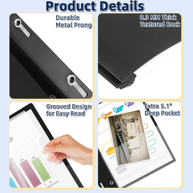 Alt view image 3 of 7 - 12 Pack Plastic Report Covers with 3-Prong Fasteners Clear Front Resume Portfolio Folder for 8.5x11 Letter Size Paper, Presentation Document Report Folders for Office School Use, Black