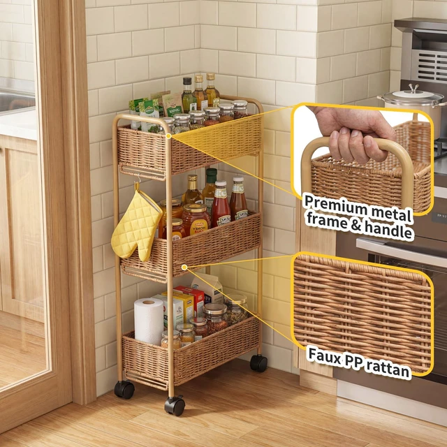 Alt view image 5 of 7 - Utility Slim Storage Cart,3-Tier Rolling Kitchen Office Laundry Room Cart,Mobile Shelving Unit Organizer for Living Room Bathroom Baby Diaper Narrow Places (Natural, 3 Tiers-7.1 inch (W))