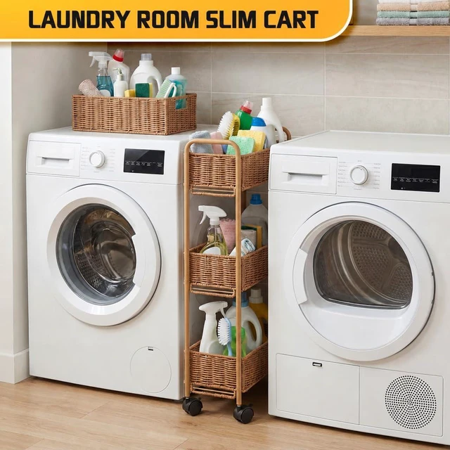 Alt view image 6 of 7 - Utility Slim Storage Cart,3-Tier Rolling Kitchen Office Laundry Room Cart,Mobile Shelving Unit Organizer for Living Room Bathroom Baby Diaper Narrow Places (Natural, 3 Tiers-7.1 inch (W))